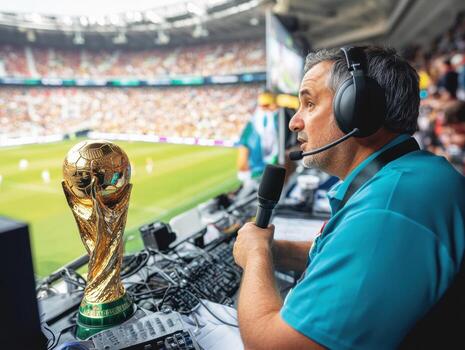 Sports commentator wearing headphones while following and reporting live action from the stadium.